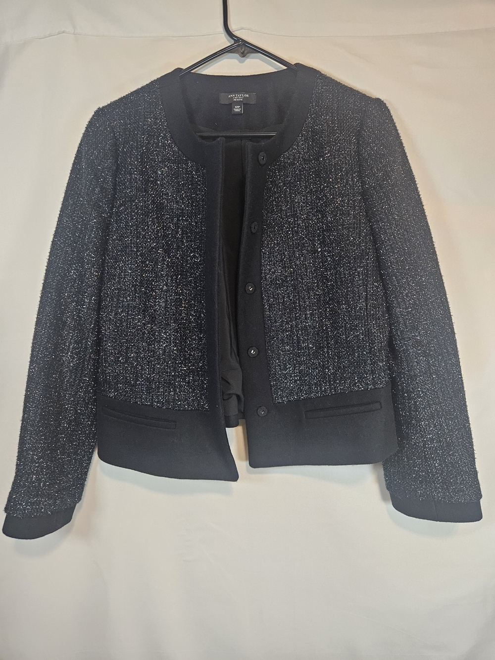 Ann Taylor Black Sparkle Tweed Collarless Jacket